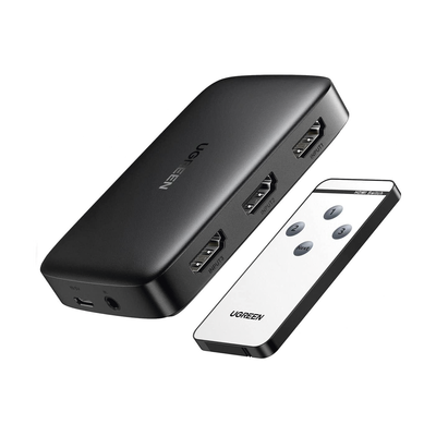 Conmutador HDMI (Switch) 4K@30Hz | 3 Entradas a 1 Salida | 3D | Transmisión Estable | Incluye Control Remoto | Receptor UGREEN 80125 de Infrarrojos | Indicador LED | Chip Inteligente | Incluye Cable Micro USB para Alimentación.
