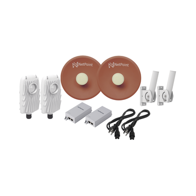 Kit de 2 radios B5X con antenas NPPROS2PACK (27 dBi), rango de frecuencia extendida (4.9 a 6.4 GHz), incluye inyector POE y cable de alimentación
