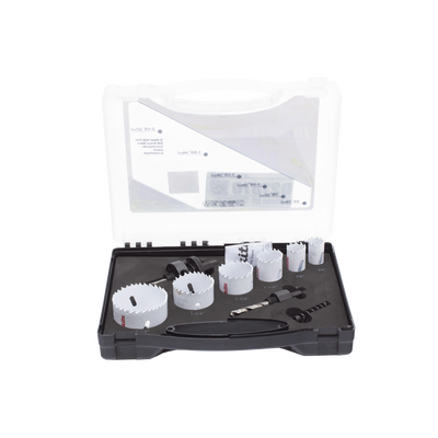 Kit de broca sierras (3/4 – 2 1/4 in) incluye 6 piezas de broca sierras, 2 adaptadores y resorte de expulsión.