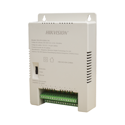 Fuente de Poder Regulada 12 Vcc / 13.5 Vcc / 15 Vcc para 16 Cámaras / 1 Amp por Salida / Voltaje de Entrada 185 – 240 VCA / Soporta 4K / Modo para Largas Distancias