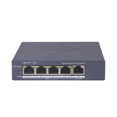 Switch HIKVISION DS-3E1505P-EI Gigabit PoE+ / Administrable / 4 Puertos 1000 Mbps PoE+ / 1 Puerto 1000 Mbps Uplink / Configuración Nube Hik-PartnerPro / Modo Extendido hasta 300 Metros / 60 Watts