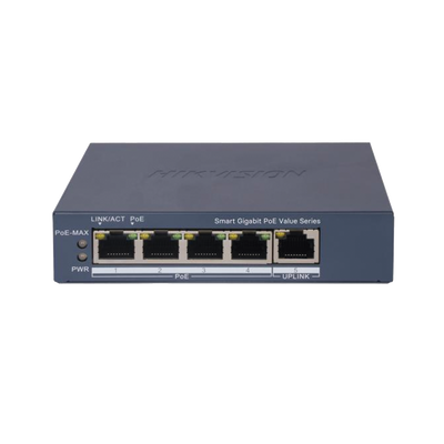 Switch HIKVISION DS-3E1505P-EI/M Gigabit PoE+ / Monitoreable / 4 Puertos 1000 Mbps PoE+ / 1 Puerto 1000 Mbps Uplink / Configuración Nube Hik-PartnerPro / Modo Extendido hasta 300 Metros / 45 Watts