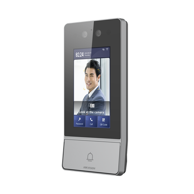 Videoportero IP 2 Megapixel / Llamada y Apertura Remota desde App Hik-Connect / Reconocimiento Facial / Panel touch 4.3″/ Exterior IP65 + Antivandalico IK08 / Botón mecanico de llamada / PoE / 1 Departamento / Apertura con Tarjeta, Codigo PIN