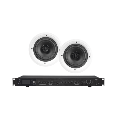 Amplificador de Audio con 2 Bocinas SP6 | 2 x 60W | Baja Impedancia 4 – 8Ω | Reproductor Bluetooth, USB, SD | Efectos Integrados Delay, Echo, Repeat