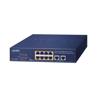 Switch de Escritorio No Administrable / 8 Puertos 10/100/1000T PoE+ 802.3at / 2 Puertos Uplink 10/100/1000T / Presupuesto PoE 120 Watts / Modos Estándar, VLAN y Extend / Distancia Extendida 250 mts / Rackeable