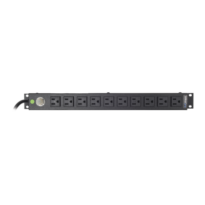 Tomacorriente Horizontal (PDU) de 10 Contactos (NEMA 5-15R) Rack 19″ 1UR. Voltaje Entrada/Salida: 120Vca/15A