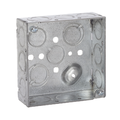 Caja Cuadrada 4 x 4″/Profundidad 1- 1/2″/ 10 Entradas RACO HUB189 de 1/2″ y 6 TKO (1/2″-3/4″).