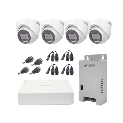 KIT TurboHD 1080p / DVR 4 Canales HIKVISION KH1080P4ESFH con audio por coaxitron / 4 Cámaras con Micrófono y 106° Visión/ luz blanca + IR visión nocturna / Transceptores / Conectores / Fuente de Poder Profesional