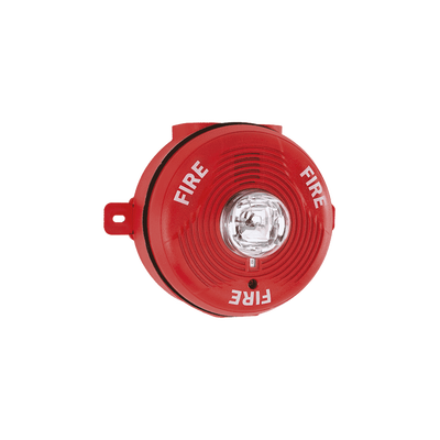 Sirena con Lámpara Estroboscópica para Exterior, Montaje en Techo, Nivel de Candelas Seleccionable, Color Rojo