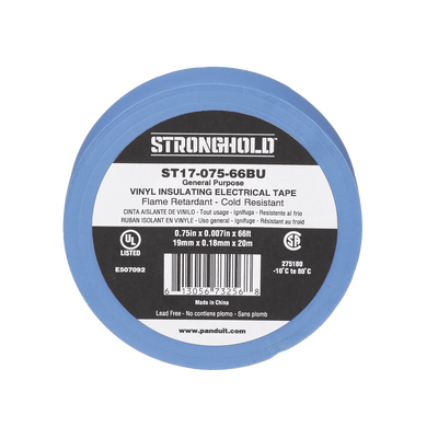 Cinta Eléctrica STRONGHOLD PANDUIT ST17-075-66BU para Aislar, de PVC, Uso General Reparación y Mantenimiento, Grosor de 0.18mm (7 mil), Ancho de 19mm, y 20.12m de Largo, Color Azul