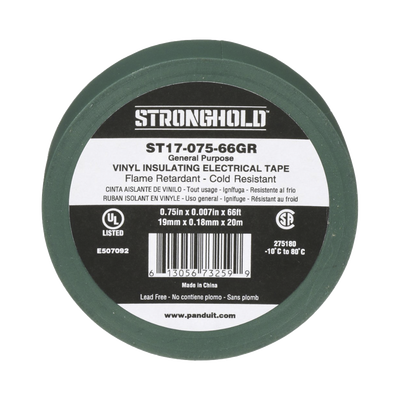 Cinta Eléctrica STRONGHOLD PANDUIT ST17-075-66GR para Aislar, de PVC, Uso General Reparación y Mantenimiento, Grosor de 0.18mm (7 mil), Ancho de 19mm, y 20.12m de Largo, Color Verde
