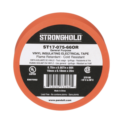 Cinta Eléctrica STRONGHOLD PANDUIT ST17-075-66OR para Aislar, de PVC, Uso General Reparación y Mantenimiento, Grosor de 0.18mm (7 mil), Ancho de 19mm, y 20.12m de Largo, Color Naranja