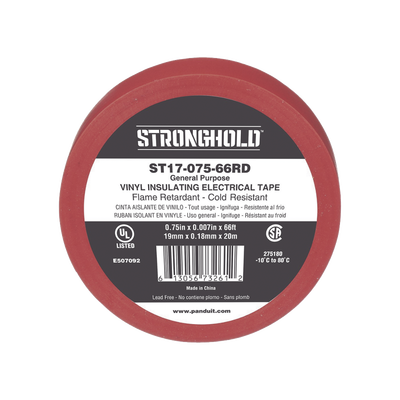 Cinta Eléctrica STRONGHOLD PANDUIT ST17-075-66RD para Aislar, de PVC, Uso General Reparación y Mantenimiento, Grosor de 0.18mm (7 mil), Ancho de 19mm, y 20.12m de Largo, Color Rojo