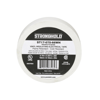 Cinta Eléctrica STRONGHOLD PANDUIT ST17-075-66WH para Aislar, de PVC, Uso General Reparación y Mantenimiento, Grosor de 0.18mm (7 mil), Ancho de 19mm, y 20.12m de Largo, Color Blanco