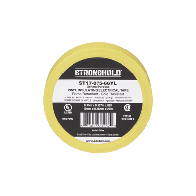 Cinta Eléctrica STRONGHOLD PANDUIT ST17-075-66YL para Aislar, de PVC, Uso General Reparación y Mantenimiento, Grosor de 0.18mm (7 mil), Ancho de 19mm, y 20.12m de Largo, Color Amarillo