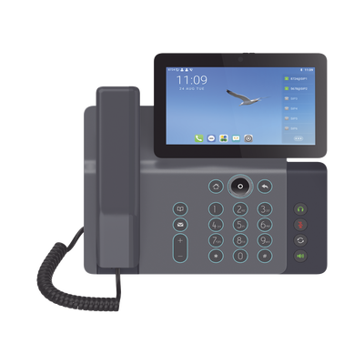 Videoteléfono IP inteligente Insignia, Android 9.0, 20 líneas SIP, pantalla a color 7″ ajustable, Teclado de iluminación configurable, PoE, conferencia local de 10 vías.