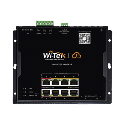 Switch L2 PoE Industrial / Administración Cloud Gratuita / 8 Puertos PoE af/at/bt 10/100/1000 Mbps / 2 Puertos SFP Gigabit / Máx Presupuesto PoE 145 W / Montaje Magnético – Riel DIN.