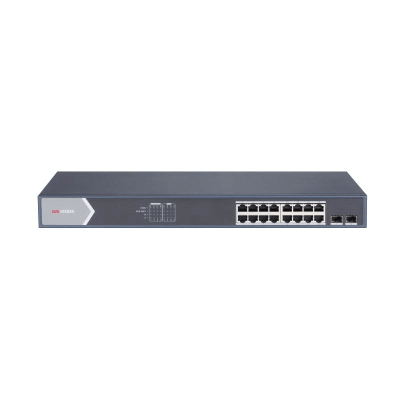 Switch HIKVISION DS-3E1518P-SI Gigabit PoE+ / Administrable / 16 Puertos 1000 Mbps PoE+ / 2 Puertos SFP / Configuración Nube desde Hik-ParnerPro / PoE hasta 300 Metros / 225 Watts