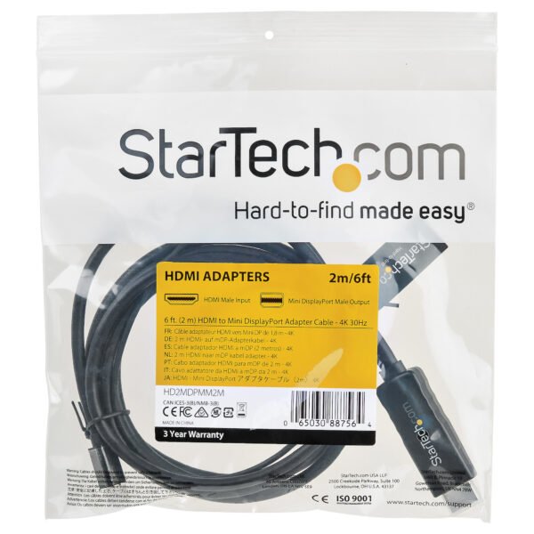 StarTech.com HD2MDPMM2M Cable Convertidor HDMI a Mini DP de 2m - 4K - Alimentado USB - Mac & Windows - Cable for Dispositivo de audio/vídeo, Computador, Monitor, Workstation, Portátil, Reproductor Blu-ray, Cámara, Portátil, Tableta, Chromebook, Reproductor Multimedia - Admite hasta3840 x 2160 - Negro CABLE CONVERTIDOR HDMI A MINIDISPLAYPORT DE 2M - 4K 30HZ - Image 5