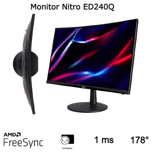 Monitor Acer NITRO 23.6” Curvo FHD, 16:9, 100 Hz, 1ms, HDMI y VGA, ZeroFrame, Acer ComfyView AMD FreeSync, Vesa 100×100, incluye cable HDMI, 3 años de garantia
MONITOR GAMER CURVO ED240QHbi 23 6 FULL HD 1920 x1080 VA 1 – Acer