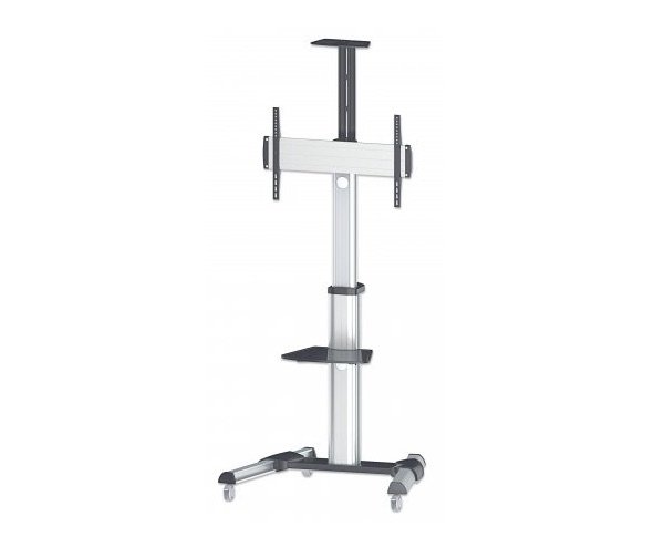 SOPORTE DE ALUMINIO TIPO CARRITO PANTALLA 37″ A 86″ REPISAS REMOVIBLES PLATEADO Y NEGRO – Hasta 177.8cm (70″) para pantalla plana – 60kg Capacidad de carga – 206.9cm Altura x 82.8cm Ancho x 70cm Profundidad – Negro, Plata – Inclinable, Retráctil, Estante para cámara, Estante ajustable, Trabajo pesado, Ruedecita, Gestión de Cableado, Rotación de 90° SOPORTE CARRITO TV PANTALLA37IN A 70IN 50KG ROTACION TV AJUSTABLE – Manhattan
