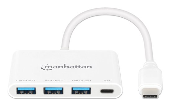 HUB USB-C 3 PTOS A 1 PTO C PD 5GBPS BLANCO – Manhattan
