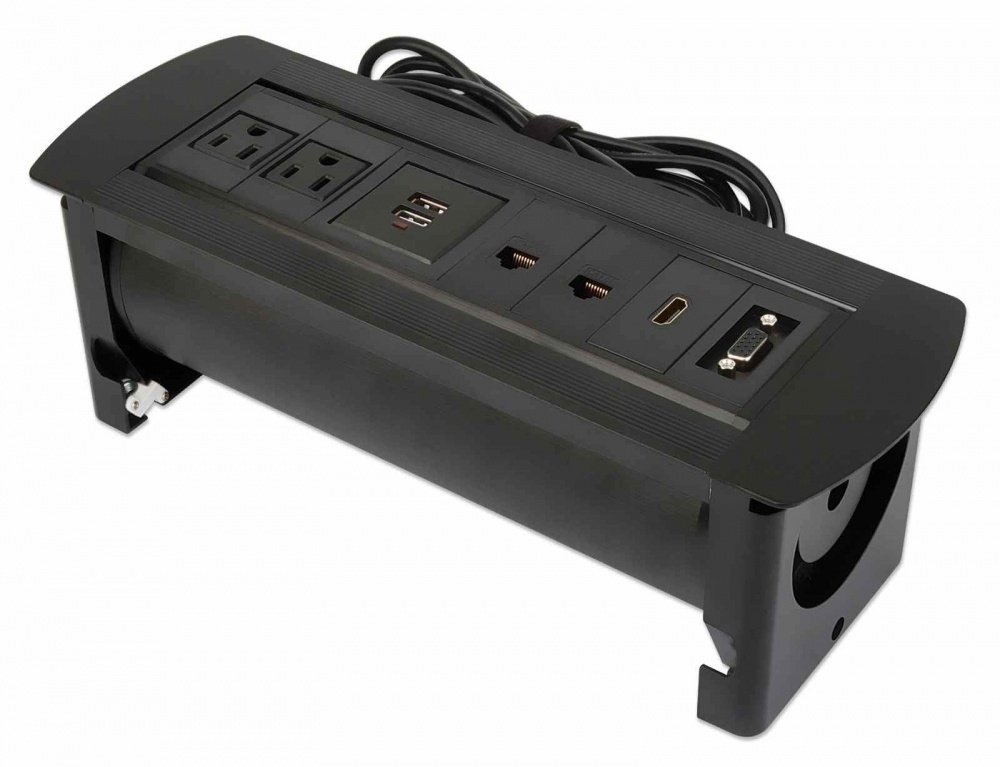 Caja Conexión, Enchufe/USB/HDMI/VGA/Red, p – 2 x Tomas de corriente – 120 V AC / 2.10A, 230 V AC, 5 V DC De Escritorio, Sobremesa, Montaje empotrado – Negro – Aleación de aluminio CAJA DE CONEXION PARA MESA CON ENCHUFE USB RED HDMI VGA