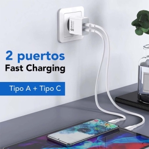 BROBOTIX CARGADOR USB 3.0 Probotix 6000502 PARA PARED DUAL 18W PUERTO USB TIPO A y PUERTO USB TIPO C COLOR BLANCO- Adaptador Cable Corriente Alimentacion Telefono Celular – USB Version 3.0 FAST CHARGING FASTCHARGE CARGADOR USB V3.0 18 W DUAL TIPO A Y TIPO C BROBOTIX