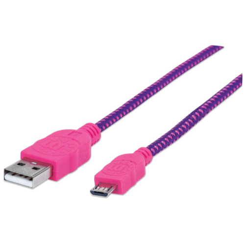 Cable Manhattan 352741 USB V2 A-Micro B, Bolsa Textil 1.8M – Cable for Smartphone, Tableta, Teléfono Móvil – 480Mbit/s – Apantallado – Níquel Conector chapado – Oro Contacto chapado – 28 AWG – Violeta, Rosa CABLE USB V2 A-MICRO B BOLSA TEXTIL 1.8M ROSA/MORADO.