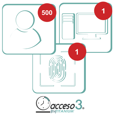 Licencia para software de Tiempo & Asistencia ACCESSPRO TITANIUMCERO compatible con sistemas de nomina para 500 empleados con 1 reloj checador y 1 PC